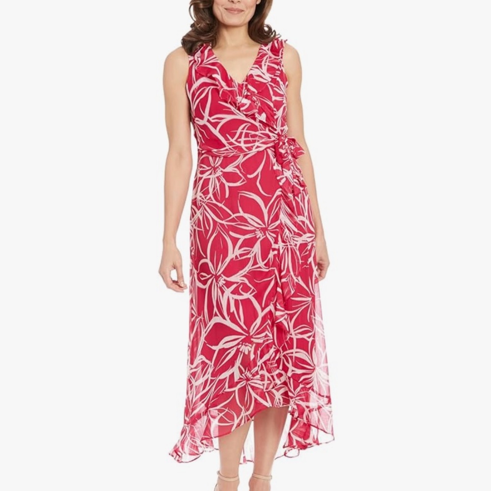 London Times Womens Sleeveless Ruffle Detail Faux Wrap Tie Midi Dress Size 10P